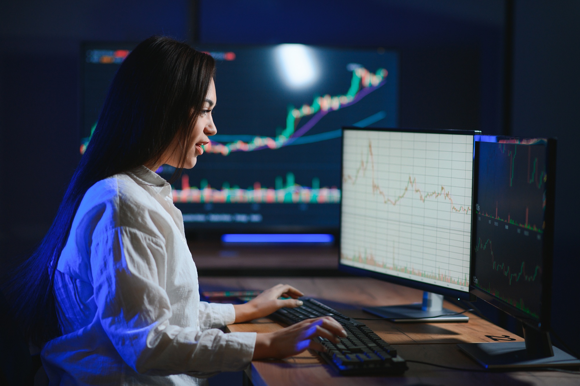 Business stock traders working on crypto currency markets with blockchain technology